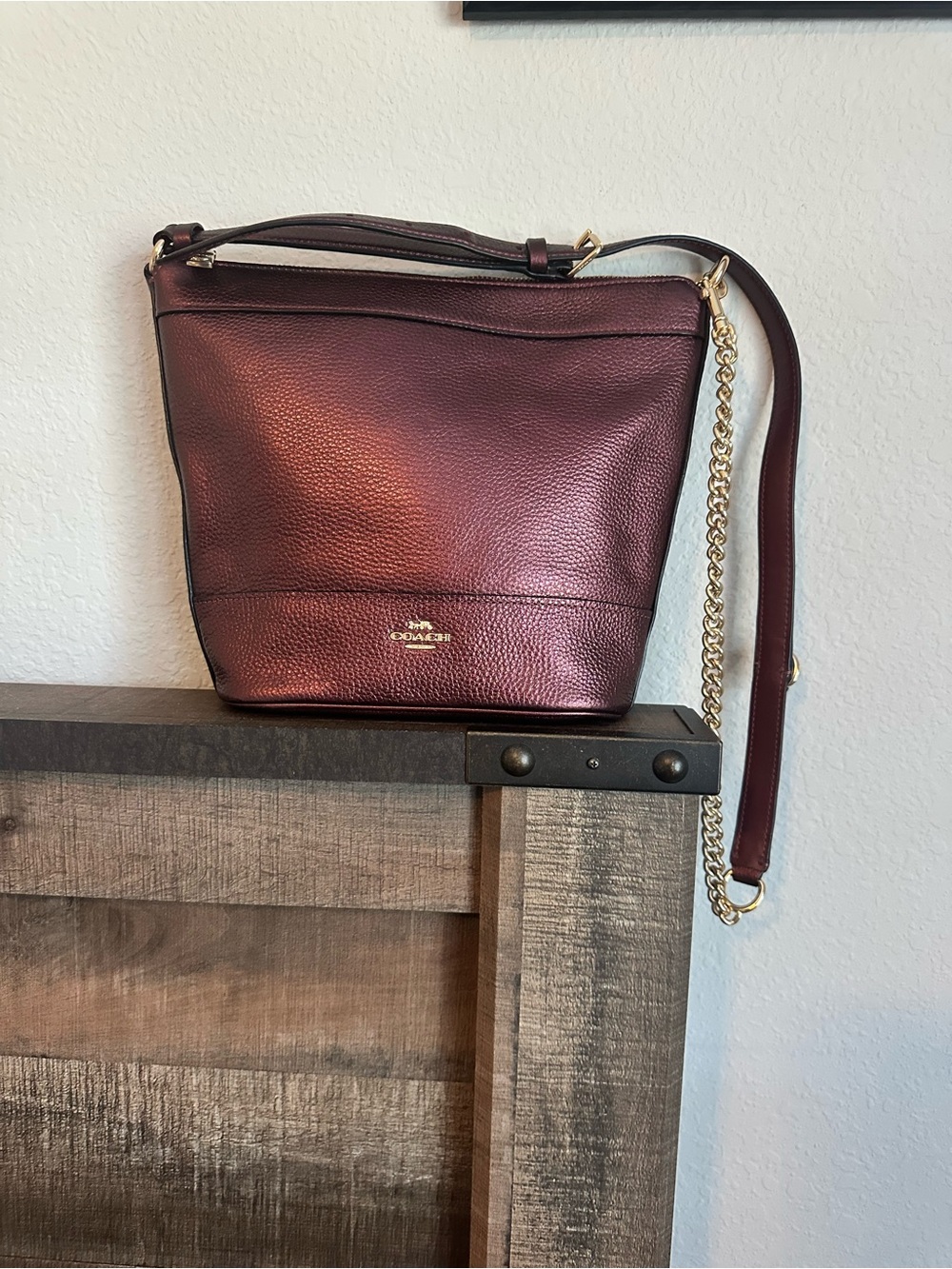 Coach Pebbled Leather metallic Wine Shoulder Bag with Gold Chain